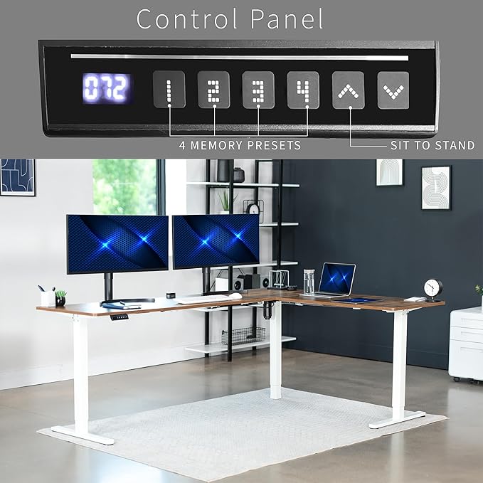VIVO Electric Corner 84 x 63 inch L-Shaped Standing Desk, Memory Height Adjustment, Rustic Vintage Brown Top White Frame, DESK-E3CTWN-84