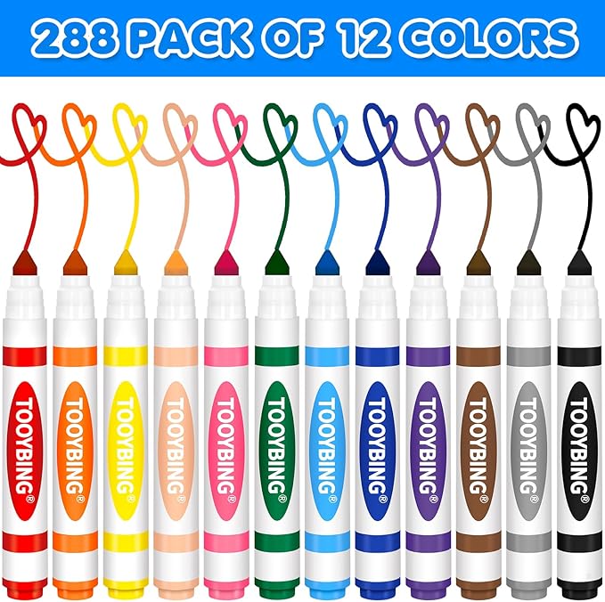 TooyBing Washable Markers Bulk (288 Count), 12 Assorted Colors, Washable Markers for Kids Classroom School, Broad Tip Durable for Back to Classroom Art School Supplies Essentials
