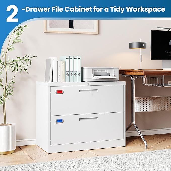 PEUKC 2 Drawer File Cabinet, Lateral Filing Cabinets for Home Office, Office Storage Drawers with Lock, Hanging Files Legal/Letter A4 Size (Assemble Required,White)
