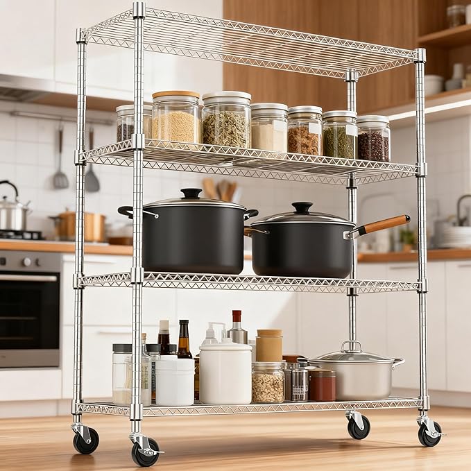 M MZG 4 Tiers Shelf 1400 lbs Steel Storage Shelving Utility Shelving Unit Steel Organizer Wire Rack for Home,Kitchen,Office,Garage Chrome 17.7" D x 47.2" W x 62.6" H