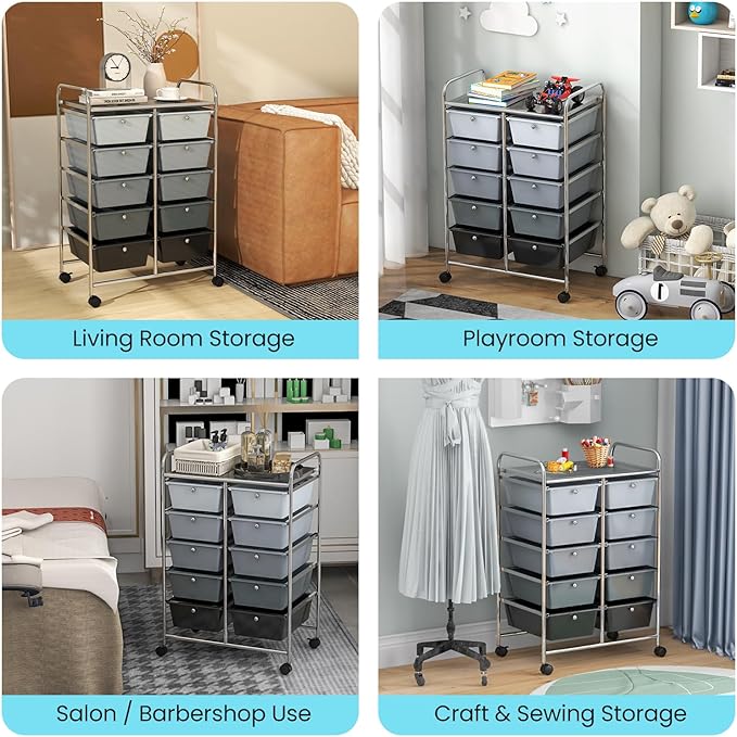 GLACER 10 Drawer Rolling Cart, Storage Cart with Lockable Whieels & Metal Frame, Trolley for Art Craft Oganizer, Mobile Utility Cart for Office, School, Classroom, Kitchen (Black Gradient)