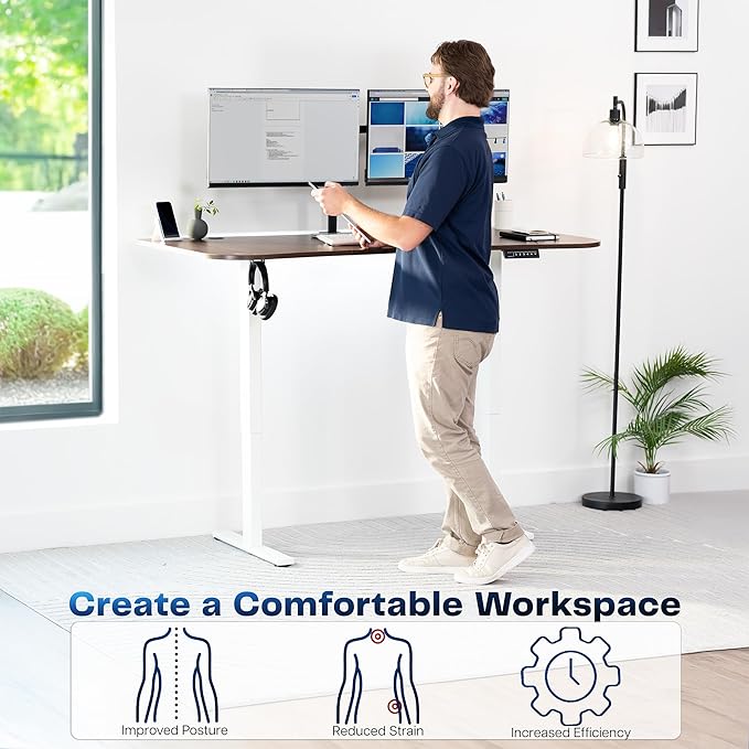 VIVO Electric 63 x 32 in Standing Desk, Memory Height Adjustment, 1B Series, Holds 220 lbs, Dark Walnut Top White Frame, DESK-KIT-1W1D