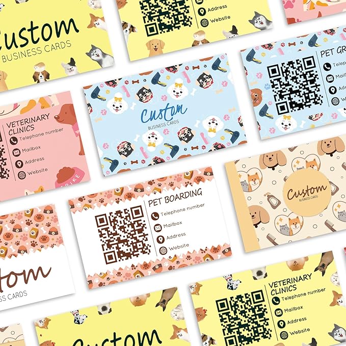 Custom Business Cards - Customizable Logo/Text/QR Code, 300gsm Matte Paper Front & Back Sides Printed, for Pet Shop, Dogs, Cats