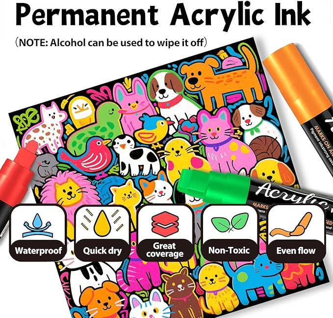Acrylic Paint Markers, 10 Colors Poster Markers Jumbo 16mm Wide Tip Permanent Ink 36g, Thick Acrylic paint pens for Fabric, Poster, Glass, Rock Painting, Stone, Wood, Car, Ceramic