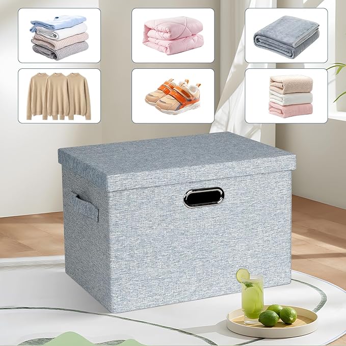 Graciadeco Large 17" 36 Quart Collapsible Stackable Storage Bins with Lids, 3 Packs Blue-Grey Linen Fabric Closet Boxes with Lids, Storage Cube Baskets Container Organizers for Bedroom (17x12x11)