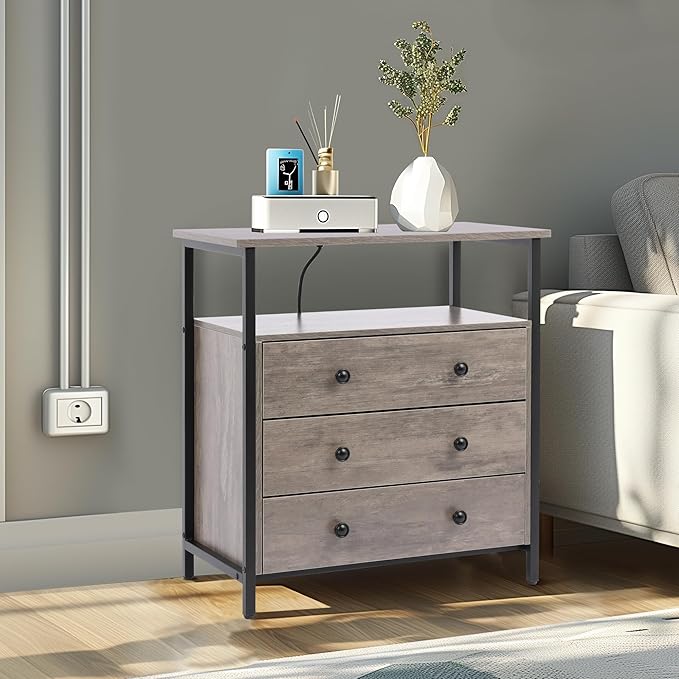 Edbuosy 3 Wooden Drawers Night Stand, 27 Inch Wide Nightstand with Charging Station and Adjustable Drawers, Small Dresser for Closet, Bedside Table for Living Room/Bedroom/Office, Gray.