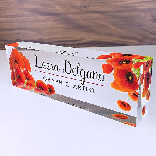 Artblox Personalized Name Plate for Desk | Poppy Flowers Design On Clear Acrylic Glass | Custom Desk Name Plate Personalized with Your Name and Credentials for Teacher Phd Military Office