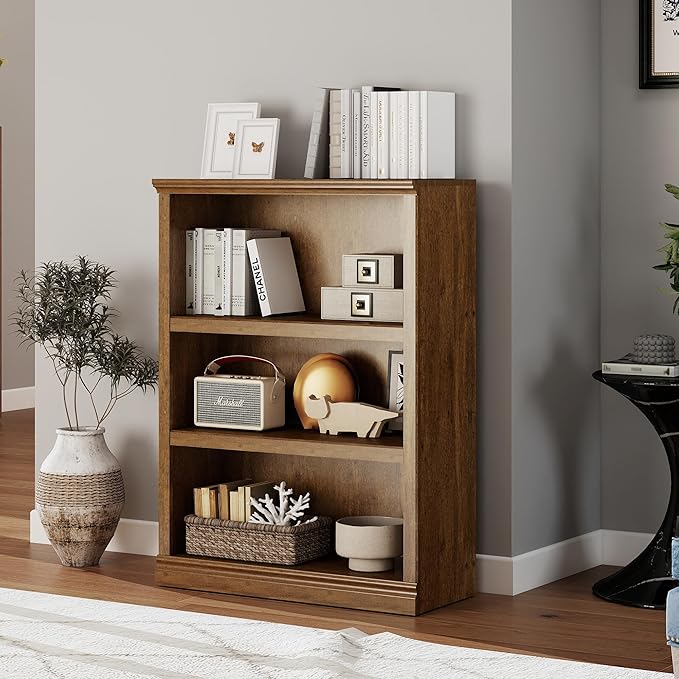 Bevfint 43 in Tall Bookcase, 3-Tier Bookshelf Open Storage, 33 inch Wide Floor Standing Indoor Furniture, Book Cases for Home School Library Office Bedroom Kids, Vintage Oak 3 Tiers
