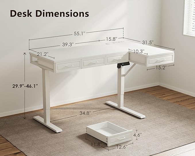 OffiGo L Shaped Electric Standing Desk with Wooden Drawers, 55 Inch Height Adjustable Corner Workstation with Power Outlets, Sit Stand Table for Home, Office, White