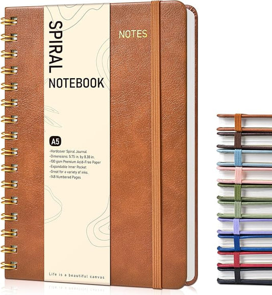 Dotted Spiral Journal Notebook, A5 Hardcover Spiral Journals for Women Men, 100 GSM Dot Grid Paper Notebooks, 150 Pages Spiral Bullet Dotted Notebook for Writing Note Taking 5.75" x 8.38", Brown