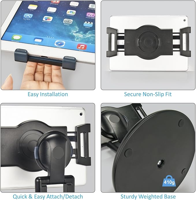 Premium 360° Rotating Tablet Stand for Desk – Adjustable Tablet Holder for 7.9” to 13” Devices, Swivel Weighted Base, Sturdy Black Metal iPad Stand for Office, Home, and Retail Display