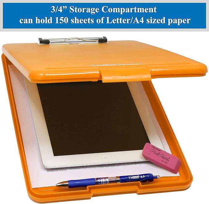 Think2Master Orange Plastic Storage Clipboard. | 25% Heavier & 25% Sturdier| Heavy Duty and Won’t Flex or Bend Like Other Brands (Compare The Weight). Storage Compartment Holds 150 Letter Sized Paper.