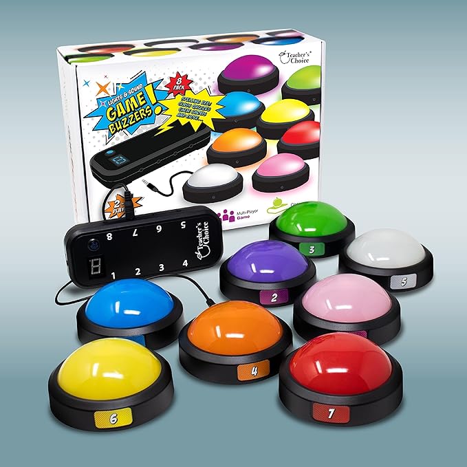 Teacher's Choice Light Up Game Buzzer System, Displays The Winning Player Loud, Unique Sounds for Each Buzzer, Great for Trivia Games, Family Feud, Jeopardy (8 Pack)