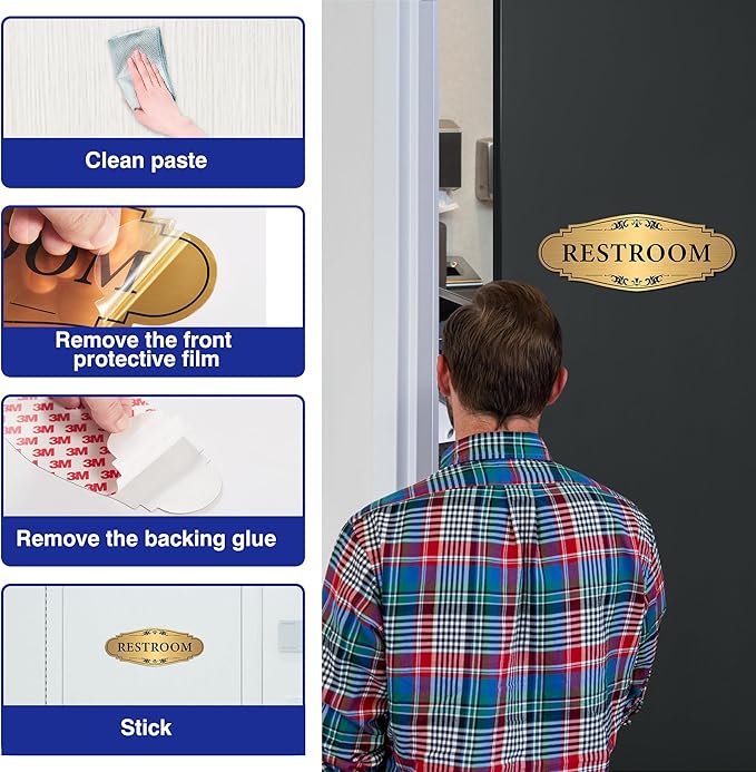 Restroom Sign Sticker for Business & Home, Self-Adhesive Brushed Gold Elegant Bathroom Signs for Door, Durable & Waterproof Unisex Restroom Signage for House toilet, Office, Store, Shop