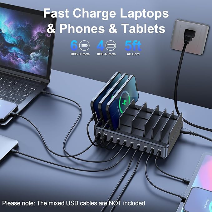 chipofy 500W Charging Station for Multiple Devices, 10-Port Multi USB C Fast Charger Station with Organizer Stand for MacBook Laptop, iPad, iPhone 17 16 Pro Max, Galaxy S25/S24 and More