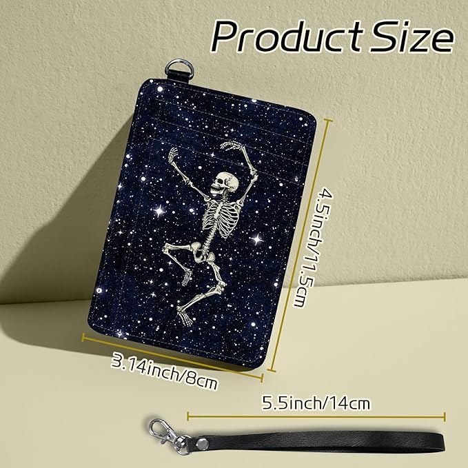 BWEGRHE Small Travel Wallets, Dance Skull Skeleton Slim Minimalist Front Pocket Wallet with Wristlet, RFID Blocking PU Leather Credit Card Holder with ID Window Change Purse for Men Women