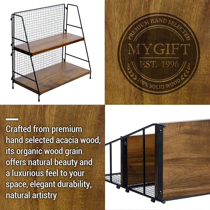 MyGift 2 Tier Premium Acacia Solid Wood Desk Shelf with Industrial Matte Black Metal Mesh Design, Rustic Wooden Desktop Office Supplies Storage Organizer