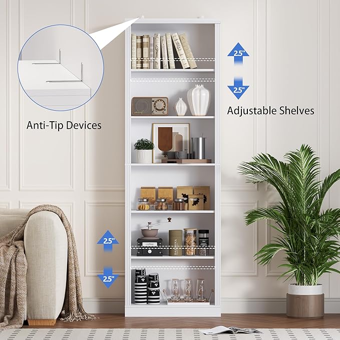 BORNOON 75" Tall Bookshelf, 6-Tier Floor Standing Bookcase with Adjustable Shelves, 24" Wide Open Storage Shelf, Modern Display Organizer for Home Office, Living Room, Bedroom, Study