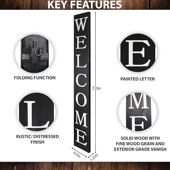 Tall Outdoor Welcome Sign for Front Door, 6ft Black ,Rustic Tall Welcome Sign for Front porch decor, Farmhouse Welcome Porch Sign Wood Vertical Decor, Fall porch decor for The Home