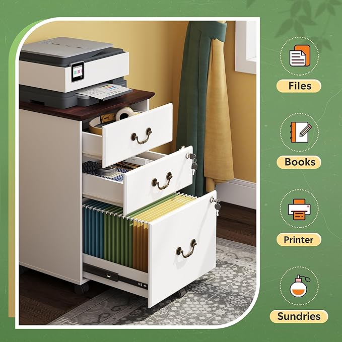 DEVAISE File Cabinet 3-Drawer, Small Office Furniture with Lock, Rolling Under Desk Filing Cabinet for Home Office, White