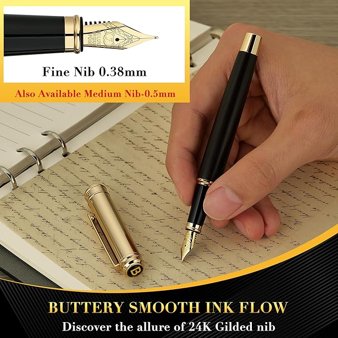 BEILUNER 316 Fountain Pen,Stunning Luxury Blackwood,24K Gilded Nib(Fine),Gorgeous 24K Gold Finish, Ink Converter,Fancy Gift for Men&Women-Elegant,Executive,Graduation Pens for Writing, BK-F