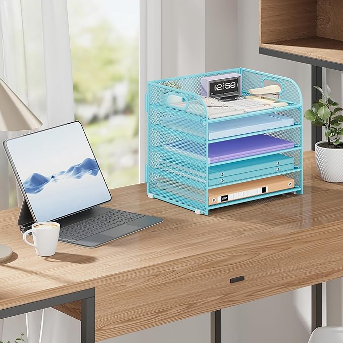 Cawukege 5 Tier Paper Organizer with Handle, Metal Mesh Desk Organizer File Folder Paper Letter Tray Desktop Document Sorter for Classroom, School, Office Accessories Organization and Storage - Blue