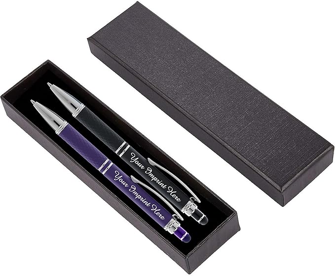 ExpressDesigns™ - Personalized Pens Gift Set - 2 Pack of Soft Touch Metal Pens w/gift box - Luxury Ballpoint Pen Custom Engraved with Name or Message (Black - Purple)