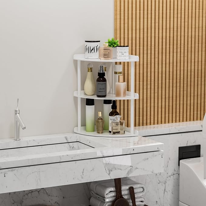 Sezanrpt 3 Tier Acrylic Corner Shelf Organizer Storage 9.5x9.5x15.7 Inch, White Countertop Corner Shelf for Bathroom, Kitchen, Bedroom, Office, Study Room