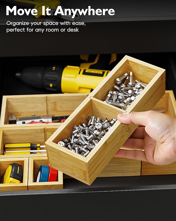 VA1KENE 6PCS Desk Drawer Organizer Tray with 12 Compartments – Bamboo Office Storage Boxes Set for Junk Drawer Supplies, Utensils, Cosmetics, Jewelry and More
