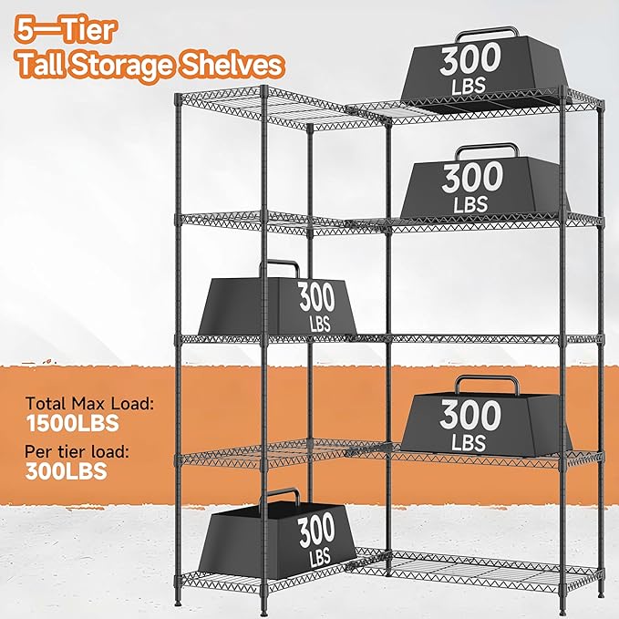 M MZG 5 Tiers Storage Shelves Load 1500LBS, Metal Shelving Wire Metal Shelving Unit Shelves for Storage Adjustable Garage Shelving for Pantry Kitchen Garage Black 15.8" D x 33.5" W x 70.5" H