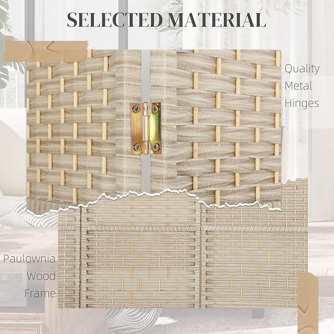 HOMCOM 4 Panel Room Divider, 6' Tall Folding Privacy Screen, Hand-Woven Freestanding Wall Partition for Home Office, Bedroom, Washed Oak