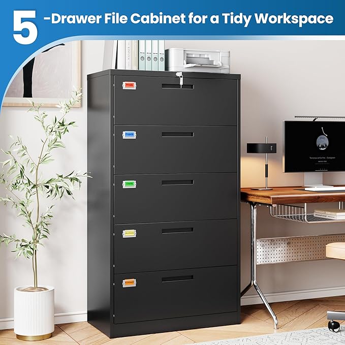 PEUKC 5 Drawer File Cabinet, Lateral Filing Cabinets for Home Office, Office Storage Drawers with Lock, Hanging Files Legal/Letter A4 Size (Assemble Required,Black)
