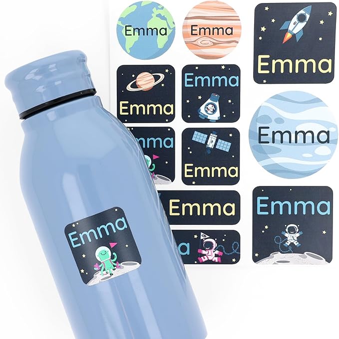 Large Name Labels for Kids (33) - Custom Stickers for Daycare and School Supplies - Durable, Waterproof Stickers for Water Bottles, Lunch Boxes, and More with Unique Designs - Universe