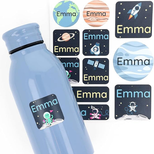 Large Name Labels for Kids (33) - Custom Stickers for Daycare and School Supplies - Durable, Waterproof Stickers for Water Bottles, Lunch Boxes, and More with Unique Designs - Universe