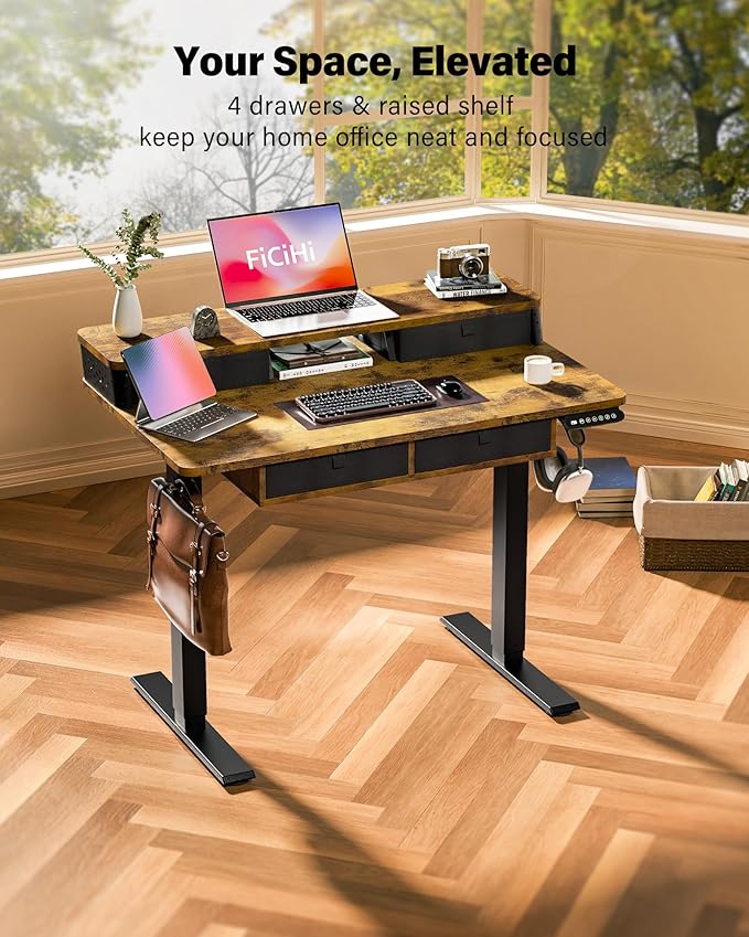 FiCiHi Electric Standing Desk with Four Drawers, Adjustable Height Sit Stand Desk, C-Clamp Compatible Home Office Desk with Storage Shelf & Monitor Stand Riser, 40 x 24 Inch, Rustic Brown