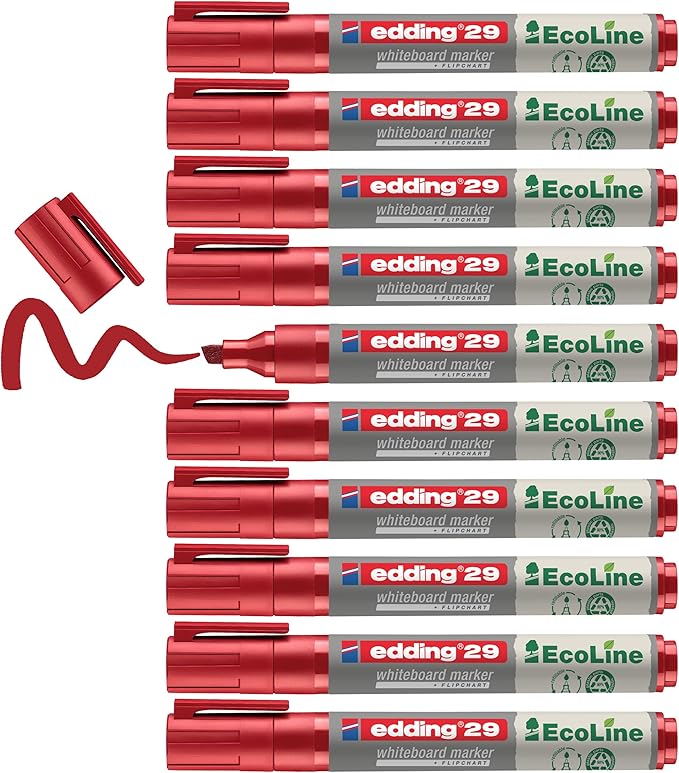 edding 29 Ecoline whiteboardmarker - rood - 10 whiteboardstiften - beitelpunt 1 - 5 mm - boardmarker uitwisbaar - voor whiteboard, flipchart, magneetbord, prikbord, memobord - sketchnotes - navulbaar