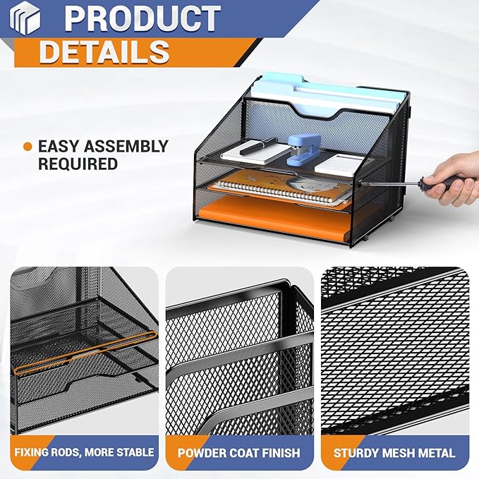 GAWERK Letter Tray Organizer, Mesh Desk File Organizer with 3 Paper Trays and 2 Vertical Upright Section (Gold)