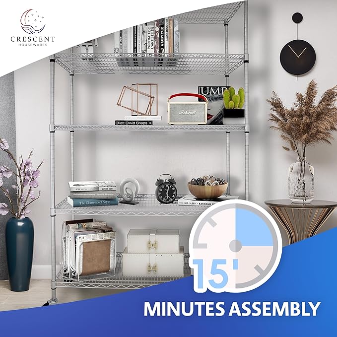 4000 LBS Heavy Duty Metal Shelving Unit – 36x18x76 NSF 5-Tier Wire Rack with Wheels, Adjustable Garage Storage Shelves, Chrome Wire Shelving for Kitchen, Warehouse, Bakers Rack – Crescent