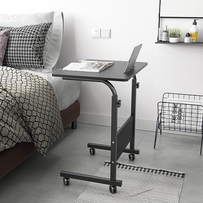 DlandHome Rolling Laptop Desk Stand Up Adjustable Mobile Laptop Desk, 23.6 Inches Medium Size Side Table, Movable w/Tablet Slot & Wheels, Portable Stand for Bed Sofa Black