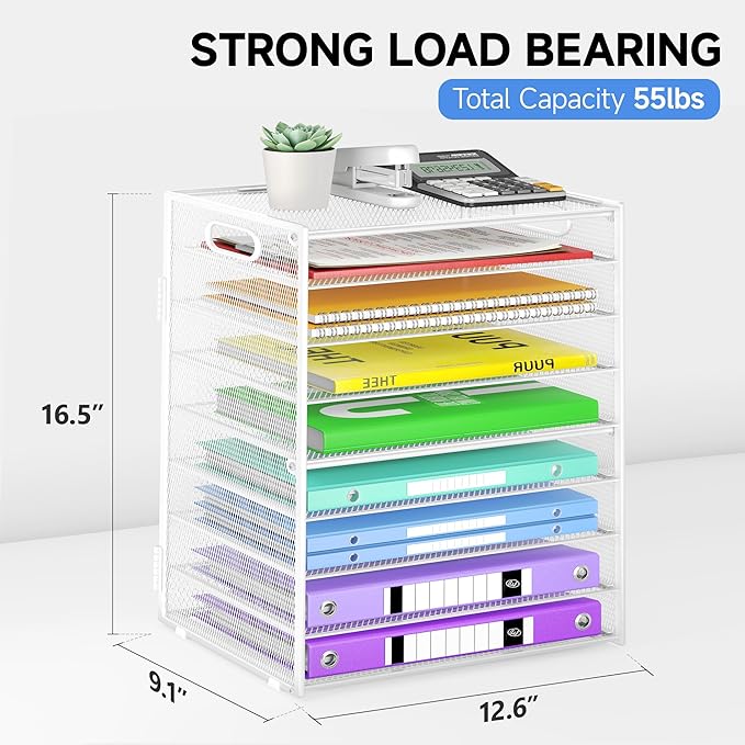 Cawukege 9 Tier Paper Organizer with Handle, Large Capacity Desk Organizer Mesh File Folder Letter Paper Tray Desktop Document Sorter for Classroom, School, and Office Accessories Organization- White