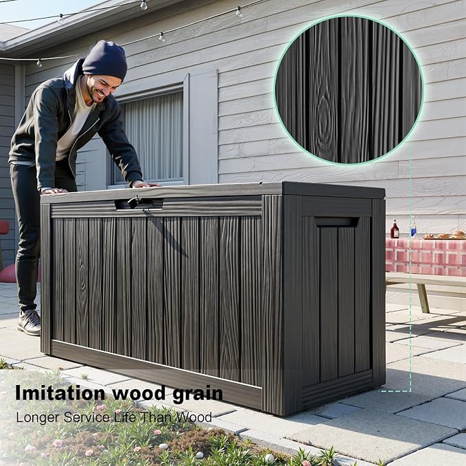 EasyUp 90 Gallon Deck Boxes Waterproof, Outdoor Large Storage Boxes with Lids, Outside Resin Storage Box & Deck Boxes for Patio, Garden Use(Black)
