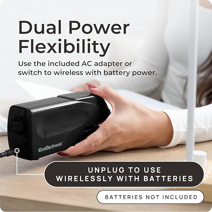 EcoElectronix Portable Automatic Electric Stapler Pro - 30 Sheet Capacity, Quiet Operation, Jam-Free and Easy Reload - AC Adapter/Battery Powered, (Black)