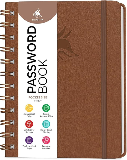 Clever Fox Password Book Spiral – Mini Internet Address & Password Organizer with Laminated Alphabetical Tabs – Small Password Keeper Journal – Hardcover, Pocket Size, 4.7x5.7” (Brown)