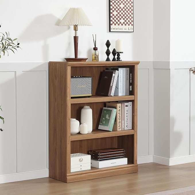 blini 3-Shelf Bookcase Wooden Bookshelves 33in Wide Floor Standing Display Storage Shelves Oak Bookcase for Home Office, Living Room, Bed Room