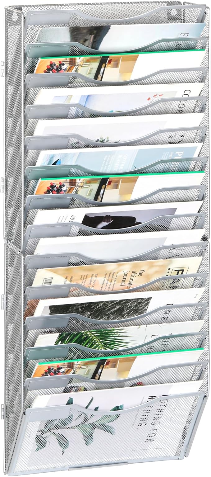 EasyPAG Wall File Organizer for Office 14 Pocket Mesh Wall Mounted Paper Organizer Hanging Folder Holder with Nametag Label for Home School, Silver