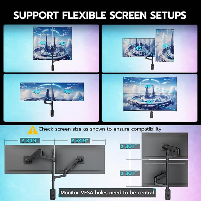 ARES WING Dual Monitor Wall Mount for 17-49 Inch Ultrawide Screens, Heavy Duty Wall Mount Monitor Arm Holds 44 lbs Each, Fully Adjustable Gas Spring Monitor Arm, 75x75/100x100 VESA Mount, Black