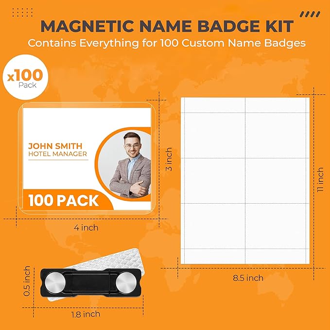 100 Pack of 4x3 Magnetic Name Badge Holders (White Printable Inserts Included) Customizable Magnetic Name Tags for Office, Conventions, School, and Events - Durable and Clear Plastic Name Tag Holder