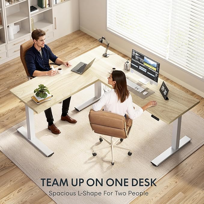 FLEXISPOT L Shaped Standing Desk, 71 x 63 Inch Electric Height Adjustable Corner Desk, Sit Stand Computer Workstation, Preset Controller, Home Office, White Frame with Maple Top