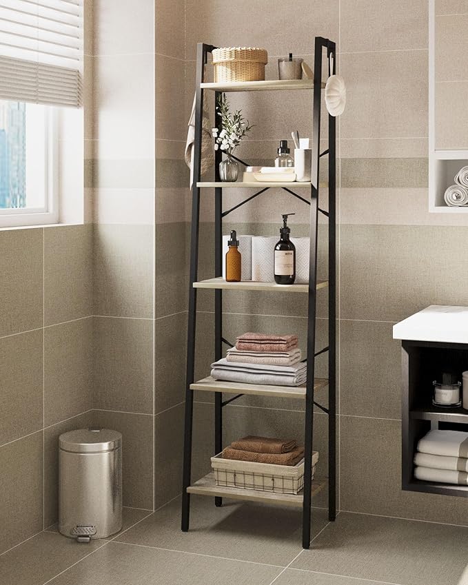 Hzuaneri Ladder Shelf, Bookshelf Bookcase, Freestanding Corner Storage Shelve with 2 Hooks for Home Office, Living Room, Kitchen, Bedroom, Industrial, 11.8" D x 17.3" W x 63" H, Greige BC19205B