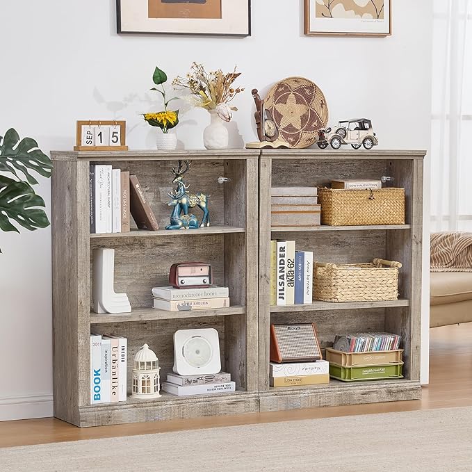 RWYHG 43" Grey Tall Bookshelf Set of 4,3-Tier Thick Wooden Book Shelf with Adjustable Shelves,Free Standing Farmhouse Bookcase with Open Display Storage,Floor Vintage Bookshelves for Living Room